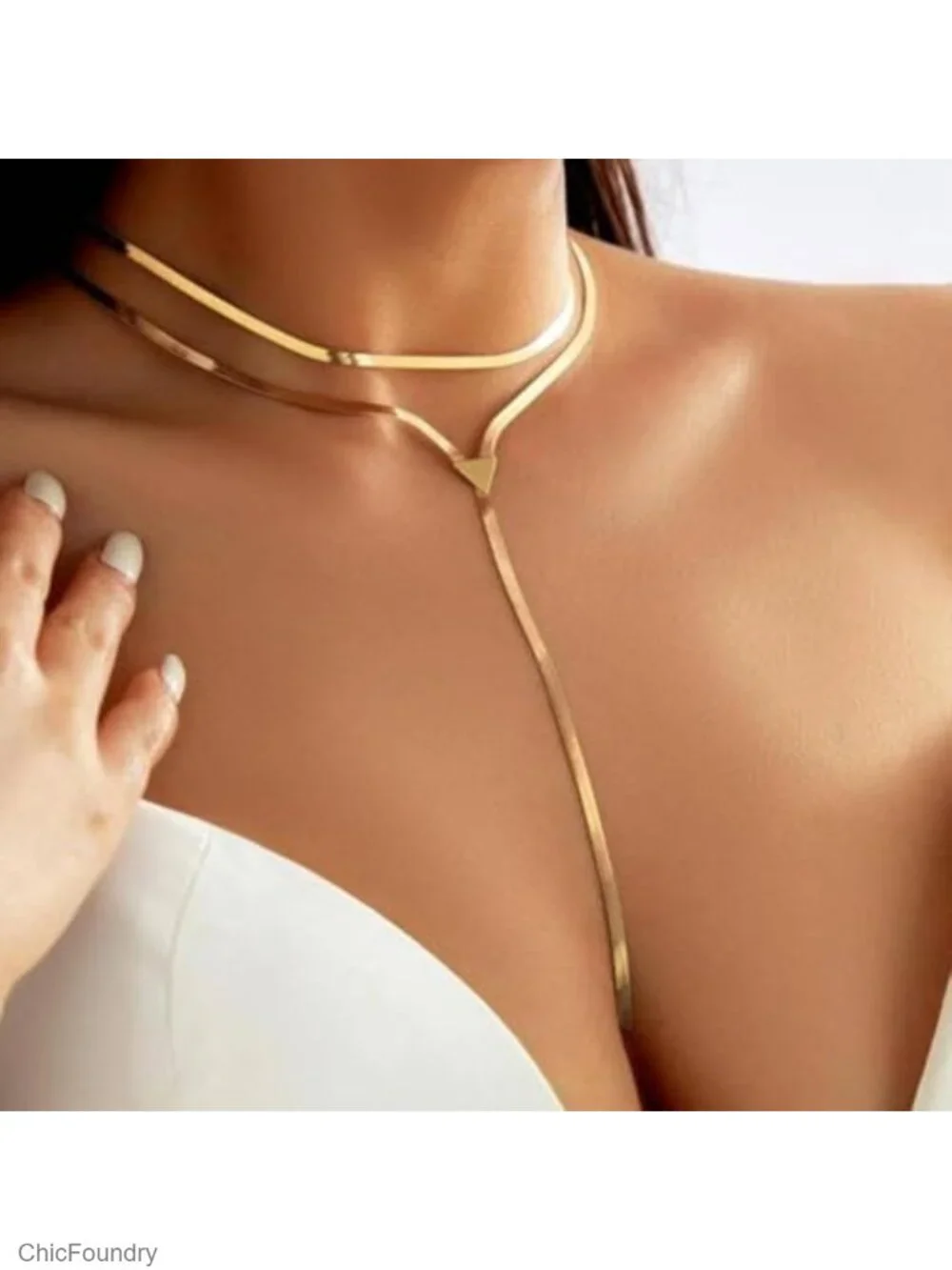 Gold Plated Y Necklace, Long Layered Snake Chain with Bead